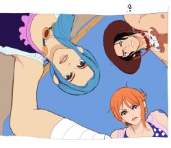 Rule 34 | 1boy, 2girls, ?, arm tattoo, bare shoulders, bead necklace, beads, black eyes, black hair, blue eyes, blue hair, blue sky, commentary, dr000mi, freckles, hat, highres, jewelry, long hair, multiple girls, nami (one piece), necklace, nefertari vivi, official alternate costume, one piece, orange eyes, orange hair, outdoors, portgas d. ace, short hair, sky, tattoo, topless male