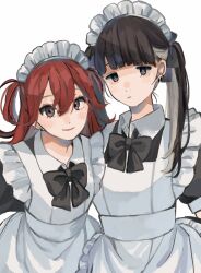 Rule 34 | 2girls, apron, black bow, black bowtie, black dress, black eyes, black hair, bow, bowtie, brown eyes, closed mouth, collared shirt, colored inner hair, commentary request, dress, ear piercing, earrings, frilled apron, frills, grey hair, highres, inkya gyaru demo ikigaritai!, jewelry, kashiwagi tsukiko, kuran arisa, long hair, looking at viewer, maid, maid headdress, multicolored hair, multiple girls, ogino ichiko, piercing, puffy short sleeves, puffy sleeves, red hair, shadow, shirt, short sleeves, simple background, twintails, two-tone hair, two side up, upper body, white apron, white background