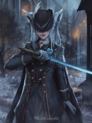 Rule 34 | 1girl, absurdres, animal ears, architecture, artist name, black cape, black coat, black headwear, black shirt, bloodborne, braid, buttons, cape, coat, cosplay, covered eyes, double-breasted, flower, fox ears, gloves, hat, highres, holding, holding sword, holding weapon, hololive, lady maria of the astral clocktower, lady maria of the astral clocktower (cosplay), lamppost, light particles, lips, maylancole, open clothes, open coat, parody, rose, shirakami fubuki, shirt, sidelocks, sword, tree, tricorne, victorian, virtual youtuber, weapon, white gloves, white shirt