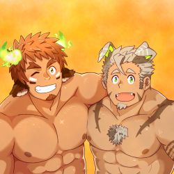 Rule 34 | 2boys, abs, animal ears, arm around shoulder, bara, body fur, brown eyes, brown hair, chest hair, completely nude, cow boy, cow ears, cow horns, crossover, dark-skinned male, dark skin, dog boy, dog ears, facial hair, fangs, fiery horns, forked eyebrows, glowing horns, goatee, gomeisa (live a hero), green eyes, grey hair, horns, large pectorals, live a hero, long sideburns, looking at viewer, male focus, multiple boys, mungbean, muscular, muscular male, nipples, nude, one eye closed, pectoral docking, pectoral press, pectorals, shiny skin, short hair, sideburns, spiked hair, tattoo, thick eyebrows, tokyo houkago summoners, tribal tattoo, upper body, wakan tanka