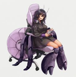 Rule 34 | 159cm, 1girl, antennae, arthropod girl, arthropod limbs, black jacket, breast pocket, brown eyes, carapace, chair, colored skin, controller, crab girl, full body, grey background, hands up, headphones, headphones around neck, holding, holding controller, hood, hooded jacket, jacket, long hair, long sleeves, looking at viewer, monster girl, multicolored skin, open mouth, original, pocket, purple hair, purple jacket, purple skin, sidelocks, simple background, sitting, solo