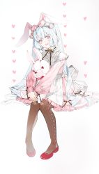Rule 34 | 1girl, :d, animal ears, black pantyhose, black ribbon, blue hair, blush, character request, copyright request, dress, g.g.lemon, hair ornament, highres, long hair, long sleeves, looking at viewer, open mouth, pantyhose, rabbit ears, red eyes, red footwear, ribbon, shoes, sitting, smile, stuffed animal, stuffed toy, twintails, virtual youtuber