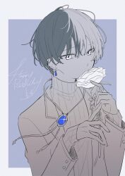 Rule 34 | 1boy, aoyagi touya, blue brooch, border, commentary request, covered mouth, dated, flower, grey border, hands up, happy birthday, highres, holding, holding flower, jishio, lanyard, lapels, long sleeves, male focus, mole, mole under eye, multicolored hair, notched lapels, official alternate costume, outside border, project sekai, ribbed sweater, short hair, sleeves past wrists, solo, split-color hair, sweater, turtleneck, turtleneck sweater, two-tone hair, upper body