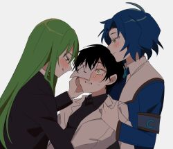 3boys ahoge armband black_hair black_jacket black_shirt blue_hair blue_jacket blush boy_sandwich chesed_(project_moon) clenched_teeth coat collared_shirt crying dress_shirt embarrassed green_hair hand_on_another&#039;s_cheek hand_on_another&#039;s_face highres jacket lapels licking_lips lobotomy_corporation long_hair mu46016419 multiple_boys nervous netzach_(project_moon) open_clothes open_coat paper_on_head project_moon sandwiched scared shirt short_hair simple_background smile straight_hair suit_jacket sweat tearing_up tears teeth tongue tongue_out white_background white_coat white_shirt x_(project_moon) yaoi