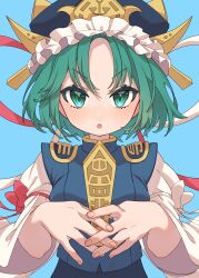 Rule 34 | 1girl, absurdres, black skirt, blue background, blue hat, blue vest, blush, e sdss, frilled hat, frills, green eyes, green hair, hat, highres, looking at viewer, open mouth, rod of remorse, shiki eiki, shirt, short hair, simple background, skirt, solo, straight-on, teeth, touhou, upper body, upper teeth only, v-shaped eyebrows, vest, white shirt, wide sleeves