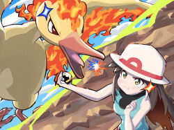 Rule 34 | 1girl, :t, absurdres, bare arms, bird, blush, breasts, brown hair, closed mouth, commentary request, creatures (company), day, game freak, gen 1 pokemon, green shirt, hair flaps, hat, highres, holding, holding poke ball, keeno-ringo46, leaf (pokemon), legendary pokemon, long hair, medium breasts, moltres, nintendo, outdoors, poke ball, pokemon, pokemon (creature), pokemon frlg, pout, shirt, sleeveless, sleeveless shirt, ultra ball, white headwear