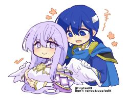 Rule 34 | 1boy, 1girl, angel wings, blue eyes, blue hair, brother and sister, cape, circlet, dress, fire emblem, fire emblem: genealogy of the holy war, headband, julia (fire emblem), nintendo, open mouth, purple eyes, purple hair, seliph (fire emblem), siblings, simple background, smile, white headband, wings, yukia (firstaid0)