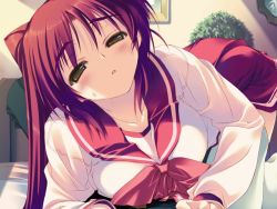Rule 34 | amazuyu tatsuki, bed, blush, long hair, red hair, school uniform, thighhighs, to heart (series), to heart 2