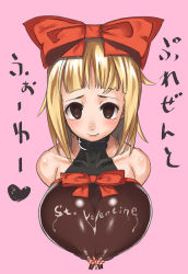 Rule 34 | 1girl, blonde hair, bow, breasts, brown eyes, chocolate, chocolate on body, chocolate on breasts, collar, english text, food on body, hair bow, heart, huge breasts, looking at viewer, nagase haruhito, nipples, pink background, simple background, smile, solo, upper body, valentine