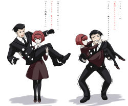 Rule 34 | 1boy, 1girl, android, black eyes, black hair, bob cut, carrying, dress, formal, hairband, nam (valckiry), necktie, pale skin, pantyhose, princess carry, r dorothy wayneright, roger smith, role reversal, the big o, translated