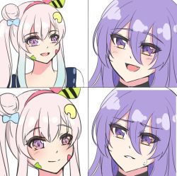 Rule 34 | 2girls, airani iofifteen, airani iofifteen (1st costume), airani iofifteen (artist), blue hair, blush, commentary, english commentary, fang, gradient hair, hair between eyes, hair ribbon, hololive, hololive indonesia, leaning back, meme, moona hoshinova, multicolored hair, multiple girls, open mouth, paint splatter, paint splatter on face, palette hair ornament, parted lips, pink hair, purple eyes, ribbon, side ponytail, sidelocks, smile, star wars, star wars: attack of the clones, sweatdrop, template, virtual youtuber