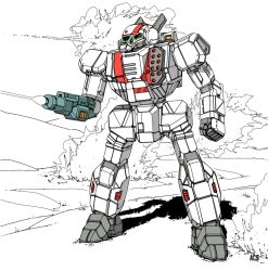 Rule 34 | arm cannon, battle, battletech, battroid, choujikuu yousai macross, clenched hand, commentary, crossover, darkton-artemis, english commentary, explosion, firing, macross, mecha, missile, missile pod, no humans, original, redesign, robot, robotech, science fiction, signature, sketch, vf-1, vf-1j, weapon