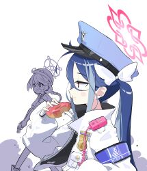 Rule 34 | 2girls, absurdres, antenna hair, blue archive, blue hair, blue headwear, blush stickers, domado, doughnut, food, fubuki (blue archive), grey hair, halo, hat, highres, holding, holding food, jacket, kirino (blue archive), long hair, long sleeves, multicolored hair, multiple girls, open clothes, open jacket, pink halo, profile, red eyes, twintails, white jacket