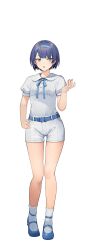 Rule 34 | 1girl, absurdres, belt, belt buckle, blue belt, blue eyes, blue footwear, blue hair, blue hairband, blue ribbon, blunt bangs, buckle, cevio, collared shirt, commentary request, dot nose, full body, hairband, hand on own hip, hand up, highres, light blush, mary janes, neck ribbon, parted lips, psd available, puffy short sleeves, puffy sleeves, ribbon, shirinda fureiru, shirt, shirt tucked in, shoes, short hair, short shorts, short sleeves, shorts, sideways glance, simple background, socks, solo, standing, straight-on, suzuki tsudumi, tachi-e, transparent background, variant set, white shorts, white socks