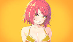 Rule 34 | 1girl, :d, akino sora, bare shoulders, bikini, blush, breasts, cleavage, collarbone, commentary request, gradient background, grin, head tilt, highres, large breasts, looking at viewer, open mouth, orange background, orange bikini, original, pink hair, short hair, smile, solo, sweat, swimsuit, teeth, upper body, yellow eyes