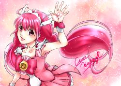 Rule 34 | 10s, 1girl, arm up, bow, bowtie, brooch, character name, cure happy, dress, head wings, hoshizora miyuki, ioriori, jewelry, long hair, magical girl, no choker, pink background, pink bow, pink dress, pink eyes, pink hair, pink skirt, pink theme, precure, skirt, smile, smile precure!, solo, tiara, twintails, wings, wrist cuffs