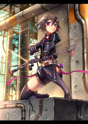 Rule 34 | 1girl, arrow (projectile), black hair, black thighhighs, bow (weapon), compound bow, gauntlets, gia, highres, hood, hoodie, midriff, original, purple eyes, short hair, shorts, solo, thighhighs, veno (gia), weapon