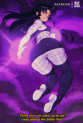 Rule 34 | 1girl, animification, ass, black hair, blackfire, bluethebone, breasts, cameltoe, cleft of venus, dc comics, english text, from behind, grin, highres, medium breasts, purple eyes, sky, smile, solo, star (sky), starry sky, subtitled, teen titans