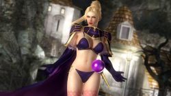Rule 34 | 1girl, 3d, bikini, blonde hair, blurry, blurry background, brandish (video game), breasts, cape, cosplay, dead or alive, dead or alive 5, dela delon, dela delon (cosplay), depth of field, dutch angle, elbow gloves, female focus, gloves, highres, house, lamppost, large breasts, lipstick, looking at viewer, makeup, medium breasts, ninja gaiden, official art, outdoors, purple bikini, purple cape, rachel (ninja gaiden), red lips, solo, staff, standing, swimsuit, tecmo, thighhighs, tree