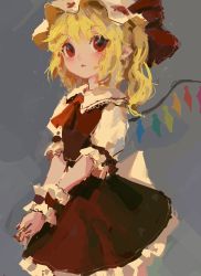Rule 34 | 1girl, absurdres, ascot, blonde hair, blush, bow, collared shirt, cowboy shot, eyes visible through hair, flandre scarlet, frilled cuffs, frilled sleeves, frills, from side, grey background, hat, hat bow, highres, lace trim, large bow, long hair, looking at viewer, looking to the side, mob cap, nail polish, no lineart, own hands clasped, own hands together, parted lips, petticoat, pointy ears, puffy short sleeves, puffy sleeves, red ascot, red bow, red eyes, red nails, red skirt, red vest, reddizen, shirt, short sleeves, side ponytail, simple background, skirt, skirt set, solo, touhou, v arms, vest, wavy hair, white bow, white shirt, wing collar, wrist cuffs
