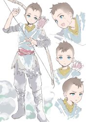 Rule 34 | 1boy, atreus, blue eyes, bow (weapon), brown hair, child, commentary request, full body, god of war, highres, holding, holding weapon, looking at viewer, male focus, pout, quiver, short hair, simple background, solo, walnut1229, weapon