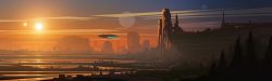 Rule 34 | absurdres, city, cloud, dusk, engraved (pixiv17631374), flying, forest, highres, landscape, millennium falcon, moon, mountain, nature, scenery, sky, spacecraft, star wars, star wars: the force awakens, sun, tower, tree
