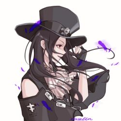 Rule 34 | 1other, androgynous, ascot, bare shoulders, black gloves, black hair, black headwear, feathers, fingerless gloves, gloves, guilty gear, guilty gear strive, hat, hat ornament, highres, long hair, looking to the side, other focus, purple feathers, red eyes, skull hat ornament, testament (guilty gear), top hat, upper body, vaselinwithout, white ascot