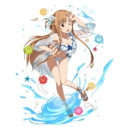 Rule 34 | 1girl, ;d, absurdres, arm up, asuna (sao), bikini, blue flower, blue ribbon, breasts, brown eyes, brown hair, cleavage, feather hair ornament, feathers, feet, floating hair, flower, front-tie bikini top, front-tie top, full body, green flower, hair flower, hair ornament, heart, heart necklace, hibiscus, highres, leaning forward, leg up, long hair, medium breasts, navel, necklace, official art, one eye closed, open mouth, pink flower, red flower, ribbon, rose, see-through, side-tie bikini bottom, simple background, smile, solo, swimsuit, sword art online, sword art online: code register, toes, very long hair, water, white background, white bikini, white feathers, white flower, white rose, yellow flower
