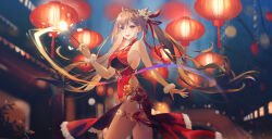 Rule 34 | 1girl, :d, absurdres, alternate costume, bare shoulders, breasts, china dress, chinese clothes, commentary request, cone hair bun, cowboy shot, dress, fireworks, fur-trimmed dress, fur bracelet, fur trim, genshin impact, hair bun, hand up, highres, holding, holding fireworks, keqing (genshin impact), lantern, long hair, looking at viewer, open mouth, paper lantern, purple hair, red dress, sideboob, sideless dress, sleeveless, sleeveless dress, smile, solo, sparkler, swkl:d, thighlet, twintails, very long hair