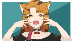 Rule 34 | 1girl, animal (vocaloid), animal ears, animal print, aqua background, black shirt, brown eyes, brown hair, collarbone, commentary, drooling, english commentary, fangs, highres, nail polish, nara haramaung, nijisanji, nijisanji id, off-shoulder shirt, off shoulder, open clothes, orange nails, parted bangs, portrait, qazedc, shirt, solo, tiger ears, tiger girl, tiger print, virtual youtuber, vocaloid