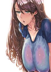 Rule 34 | 1girl, bent over, blush, bra, breasts, brown hair, collarbone, dripping, eyelashes, green eyes, gym shirt, idolmaster, idolmaster cinderella girls, lace, lace-trimmed bra, lace trim, large breasts, leaning forward, long hair, looking at viewer, messy hair, nervous sweating, nishikawa honami, open mouth, sagging breasts, see-through, see-through shirt, shirt, short sleeves, sweat, sweaty clothes, underwear, very sweaty, warainaku, wet, wet clothes, white background