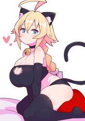 Rule 34 | 1girl, alternate costume, animal ears, antenna hair, arc system works, bed, bell, between legs, black bra, black choker, black gloves, black panties, black thighhighs, blazblue, blonde hair, blue eyes, blush, bra, braid, braided ponytail, breasts, cat ears, cat lingerie, cat tail, choker, cleavage, cleavage cutout, closed mouth, clothing cutout, dot mouth, dot nose, elbow gloves, es (xblaze), expressionless, eyebrows, eyelashes, fake animal ears, fake tail, female focus, foot out of frame, from side, full body, gloves, hand between legs, jingle bell, large breasts, long hair, looking at viewer, looking to the side, low ponytail, meme attire, neck bell, on bed, panties, shortstack, siglk, simple background, solo, tail, thighhighs, thighs, underwear, white background, xblaze