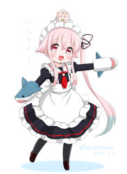 Rule 34 | 1girl, adapted costume, alternate costume, apron, black legwear, blue hair, chibi, commentary request, creature on head, dated, enmaided, frilled apron, frills, gradient hair, hand puppet, harusame (kancolle), kantai collection, maid, maid headdress, masara (chuujou), multicolored hair, outstretched arms, pink hair, puppet, red eyes, shark, side ponytail, smile, the yuudachi-like creature, twitter username, white apron