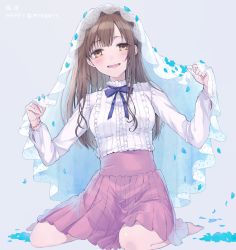 Rule 34 | 1girl, :d, barefoot, brown eyes, brown hair, center frills, chisumi, commentary request, dated, frills, full body, grey background, happy birthday, highres, idolmaster, idolmaster cinderella girls, long hair, long sleeves, looking at viewer, mizumoto yukari, open mouth, petals, pink skirt, pleated skirt, see-through, shirt, simple background, sitting, skirt, smile, solo, veil, very long hair, wariza, white shirt