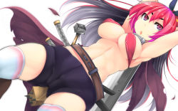Rule 34 | 1girl, armpits, bad id, bad pixiv id, black hair, breasts, cameltoe, eyebrows, large breasts, long hair, multicolored hair, navel, original, parted lips, pink hair, shachi kamaboko, short shorts, shorts, simple background, skindentation, solo, underboob, wallpaper, white background