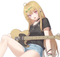 Rule 34 | 1girl, :d, ahoge, black choker, black shirt, blonde hair, blue shorts, blush, breasts, choker, collarbone, cross, cross necklace, denim, denim shorts, ear piercing, guitar, hair intakes, highres, holding, holding instrument, hop3, instrument, jewelry, long hair, medium breasts, necklace, o-ring, o-ring choker, open mouth, original, piercing, red eyes, shirt, short shorts, short sleeves, shorts, simple background, sitting, smile, solo, t-shirt, teeth, thighs, upper teeth only, white background, wristband