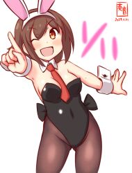 Rule 34 | 1girl, animal ears, artist logo, black leotard, bow, bowtie, breasts, brown eyes, brown hair, brown pantyhose, dated, detached collar, fake animal ears, kanon (kurogane knights), kantai collection, leotard, looking at viewer, necktie, one-hour drawing challenge, one eye closed, pantyhose, playboy bunny, rabbit ears, red necktie, shiratsuyu (kancolle), short hair, small breasts, solo, strapless, strapless leotard, traditional bowtie, white background, wrist cuffs