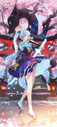 Rule 34 | 1girl, armor, armored dress, ayaka (genshin impact), bitter experience, blue eyes, blue hair, blunt bangs, breastplate, cherry blossoms, crystal sword, drawing sword, falling petals, floating hair, full body, genshin impact, geta, hair ornament, hair ribbon, highres, holding, holding sword, holding weapon, legs, light blue hair, long hair, outdoors, petals, ponytail, ribbon, rope belt, sidelocks, solo, standing, statue, sword, torii, tree, tress ribbon, vambraces, very long hair, water, weapon