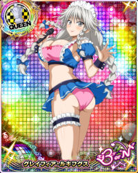 Rule 34 | 1girl, ass, blue bow, blush, bow, braid, breasts, card (medium), chess piece, cleavage, female focus, grayfia lucifuge, grey eyes, grey hair, hair bow, high school dxd, holding, holding microphone, large breasts, long hair, maid headdress, matching hair/eyes, microphone, official art, queen (chess), red bow, red lips, smile, solo, standing, twin braids