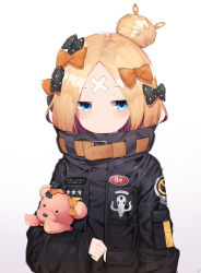 Rule 34 | 1girl, abigail williams (fate), abigail williams (traveling outfit) (fate), absurdres, bad id, bad pixiv id, black bow, black jacket, blonde hair, blue eyes, blush, bow, character name, closed mouth, commentary request, crossed bandaids, fate/grand order, fate (series), gradient background, hair bow, hair bun, highres, jacket, long hair, long sleeves, looking at viewer, hugging object, official alternate costume, orange bow, parted bangs, polka dot, polka dot bow, purple background, single hair bun, sleeves past wrists, solo, star (symbol), stuffed animal, stuffed toy, teddy bear, upper body, w.k, white background