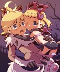 Rule 34 | 10s, 1boy, 1girl, alternate color, ass, blonde hair, blush, bonnie (pokemon), brother and sister, child, clemont (pokemon), costume, creatures (company), elbow gloves, fang, flat chest, game freak, girl on top, glasses, gloves, halloween, highres, looking at viewer, looking back, midriff, moon, night, nintendo, open mouth, pokemon, pokemon xy, porocha, shiny skin, siblings, sky, tree, wings