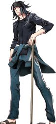 Rule 34 | 10s, 1boy, bandana, casual, clothes around waist, full body, grey hair, hoe, jacket, jacket around waist, male focus, miwa shirow, official art, oodenta mitsuyo, pants, personification, red eyes, sandals, solo, touken ranbu, track jacket, track pants, transparent background, worktool