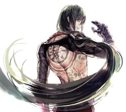 Rule 34 | 1boy, bishounen, black hair, cowboy shot, fate/grand order, fate (series), flower tattoo, from behind, gauntlets, highres, koshika rina, long hair, looking at viewer, looking back, low ponytail, male focus, ponytail, simple background, solo, tattoo, twitter username, white background, yan qing (fate), yellow eyes