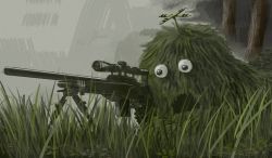 Rule 34 | 1other, bush, camouflage, clover, ghillie suit, googly eyes, grass, gun, lying, mukku, no arms, no humans, on stomach, open mouth, original, rifle, scope, skiba, sniper rifle, spinning top, tree, weapon, what