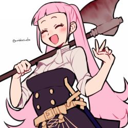 Rule 34 | 1girl, axe, belt, blood, bloody weapon, blunt bangs, closed eyes, do m kaeru, fire emblem, fire emblem: three houses, garreg mach monastery uniform, hilda valentine goneril, holding, holding axe, long hair, nintendo, open mouth, pink hair, sheath, sheathed, simple background, sleeves rolled up, solo, twintails, twitter username, uniform, v, weapon, white background
