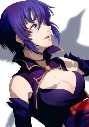 Rule 34 | 1girl, bare shoulders, bird, book, breasts, cleavage, crow, dress, earrings, elbow gloves, falling feathers, feathers, fire emblem, fire emblem: the blazing blade, gloves, gold trim, highres, holding, holding book, jewelry, large breasts, looking up, nintendo, parted lips, purple eyes, purple gloves, purple hair, shadow, short hair, solo, sturm fe k11, upper body, ursula (fire emblem)