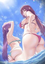 Rule 34 | 2girls, absurdres, aqua bikini, arms up, ass, ass focus, back, bikini, blue sky, breasts, fate/grand order, fate (series), from below, highres, large breasts, long hair, looking at viewer, looking back, looking down, multiple girls, nmi, purple bikini, purple hair, red eyes, revision, scathach (fate), scathach (fate/grand order), scathach (swimsuit assassin) (fate), scathach skadi (swimsuit ruler) (fate), sideboob, sky, swimsuit, thighs, underboob, very long hair, wading, water, wet