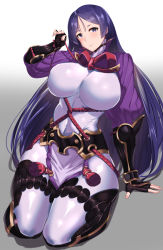 Rule 34 | 1girl, arm guards, arm support, bodysuit, breasts, closed mouth, fate/grand order, fate (series), fingerless gloves, fingernails, full body, gloves, gradient background, hand up, head tilt, highres, kurozawa yui, large breasts, lips, looking at viewer, minamoto no raikou (fate), parted bangs, pelvic curtain, purple bodysuit, purple eyes, purple hair, ribbed sleeves, rope, shiny skin, simple background, sitting, skin tight, smile, solo, tabard, thighs, turtleneck