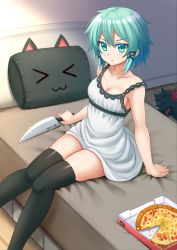 Rule 34 | &gt;:t, &gt; &lt;, 1girl, :3, :t, aqua eyes, aqua hair, arm at side, bare arms, bare shoulders, black cat, black thighhighs, blush, breasts, cat, cleavage, closed mouth, collarbone, crossover, dress, female focus, food, glint, hair ribbon, highres, holding, holding knife, indoors, kazenokaze, knees together feet apart, knife, looking at viewer, medium breasts, nichijou, on bed, pillow, pizza, pizza box, pout, ribbon, sakamoto (nichijou), short hair, sidelocks, sinon, sitting, skindentation, sleeping, solo, sundress, sword art online, thighhighs, tress ribbon, v-shaped eyebrows, zettai ryouiki