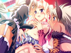 Rule 34 | 3girls, agnes ardbeg augustus, animal ears, blue eyes, breasts, cat ears, clothed sex, disembodied penis, game cg, harem party, licking, multiple girls, nia schlichte, penis, sex, small breasts, uncensored, uru schlichte, vaginal